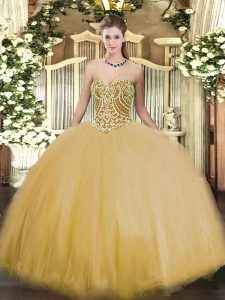 Stylish Gold Sleeveless Beading Floor Length Ball Gown Prom Dress