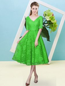 Customized Half Sleeves Lace Tea Length Lace Up Wedding Party Dress in Green with Bowknot
