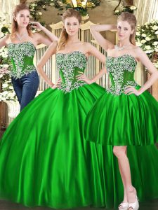 Discount Green Three Pieces Tulle Sweetheart Sleeveless Beading Floor Length Lace Up 15 Quinceanera Dress