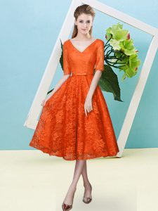 Orange Red Lace Up V-neck Bowknot Bridesmaids Dress Lace Half Sleeves