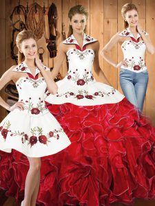Fabulous White And Red Sleeveless Embroidery and Ruffles Floor Length 15 Quinceanera Dress