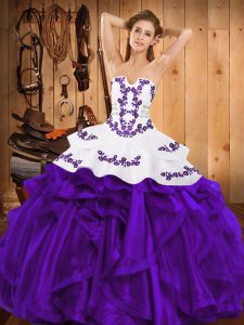 Satin and Organza Strapless Sleeveless Lace Up Embroidery and Ruffles Quinceanera Dress in Purple