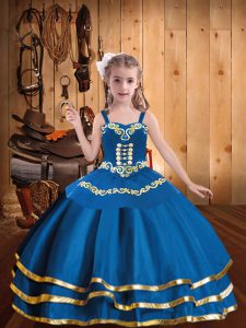 Fashion Straps Sleeveless Girls Pageant Dresses Floor Length Embroidery and Ruffled Layers Blue Organza
