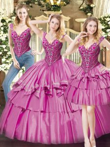 New Arrival V-neck Sleeveless Lace Up Quinceanera Gown Fuchsia Organza