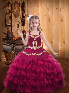 Most Popular Sleeveless Floor Length Embroidery and Ruffled Layers Lace Up Glitz Pageant Dress with Fuchsia
