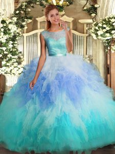 Fine Organza Sleeveless Floor Length Quinceanera Gowns and Lace and Ruffles