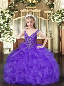 On Sale Sleeveless Floor Length Beading and Ruffles Lace Up Little Girl Pageant Gowns with Lavender