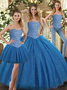 Excellent Teal Ball Gowns Tulle Sweetheart Sleeveless Beading Floor Length Lace Up Quinceanera Gowns