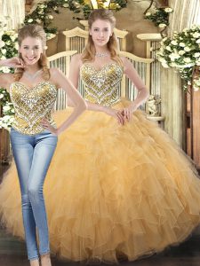 Simple Champagne Lace Up Sweetheart Beading and Ruffles Quinceanera Dress Tulle Sleeveless