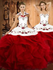 Wine Red Halter Top Lace Up Embroidery and Ruffles Vestidos de Quinceanera Sleeveless