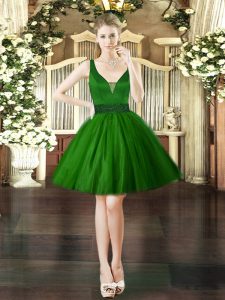Dark Green Ball Gowns Beading Prom Party Dress Lace Up Tulle Sleeveless Mini Length