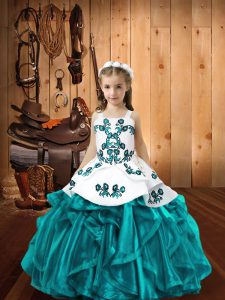 Teal Lace Up Straps Embroidery and Ruffles Kids Formal Wear Organza Sleeveless