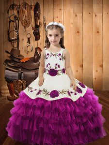 Enchanting Fuchsia Organza Lace Up Little Girl Pageant Gowns Sleeveless Floor Length Embroidery and Ruffled Layers