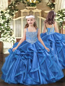 Baby Blue Organza Lace Up Straps Sleeveless Floor Length Little Girls Pageant Dress Wholesale Beading and Ruffles