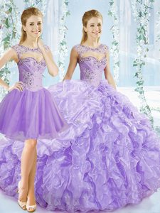 Lavender Organza Lace Up Sweetheart Sleeveless Sweet 16 Quinceanera Dress Brush Train Beading and Ruching and Pick Ups