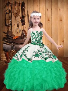 Turquoise Little Girl Pageant Gowns Party and Sweet 16 and Quinceanera and Wedding Party with Embroidery and Ruffles Straps Sleeveless Lace Up