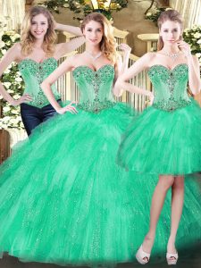 Floor Length Three Pieces Sleeveless Green Sweet 16 Dress Lace Up
