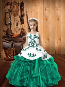 Turquoise Ball Gowns Organza Straps Sleeveless Embroidery and Ruffles Floor Length Lace Up Little Girl Pageant Gowns