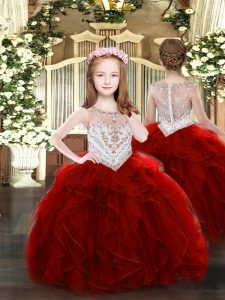 Fancy Wine Red Scoop Neckline Beading and Ruffles Girls Pageant Dresses Sleeveless Zipper