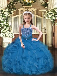 Hot Selling Sleeveless Floor Length Beading and Ruffles Lace Up Little Girls Pageant Dress with Blue