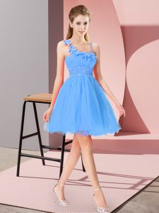 Custom Made Baby Blue Organza Zipper Homecoming Dress Sleeveless Mini Length Beading and Hand Made Flower