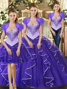 Beading and Ruffles Quinceanera Gown Purple Lace Up Sleeveless Floor Length
