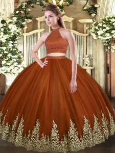 Artistic Rust Red Sleeveless Floor Length Beading and Appliques Backless 15 Quinceanera Dress