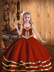 Gorgeous Rust Red Lace Up Straps Beading and Embroidery and Ruffled Layers Little Girl Pageant Dress Organza Sleeveless