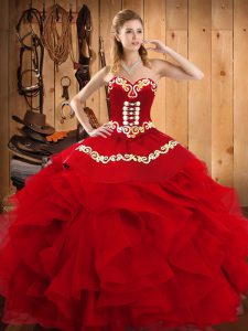 Suitable Embroidery and Ruffles Sweet 16 Quinceanera Dress Wine Red Lace Up Sleeveless Floor Length