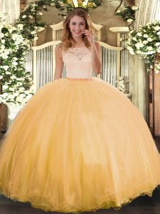 Gold Ball Gowns Tulle Scoop Sleeveless Lace Floor Length Clasp Handle Quinceanera Gowns