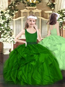 Floor Length Dark Green Little Girl Pageant Gowns Organza Sleeveless Beading and Ruffles