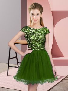 Olive Green Scoop Zipper Sequins Wedding Party Dress Cap Sleeves