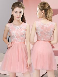 Luxurious Baby Pink A-line Scoop Sleeveless Tulle Mini Length Side Zipper Lace Bridesmaids Dress