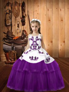 Pretty Eggplant Purple Sleeveless Floor Length Beading and Embroidery Lace Up Kids Pageant Dress