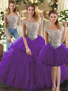 Purple Three Pieces Beading and Ruffles Quinceanera Gown Lace Up Organza Sleeveless Floor Length