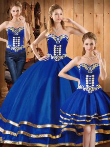 Cheap Sleeveless Satin and Tulle Floor Length Lace Up Ball Gown Prom Dress in Blue with Embroidery