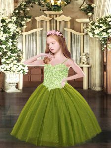 Superior Olive Green Tulle Lace Up Little Girls Pageant Gowns Sleeveless Floor Length Appliques