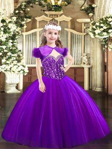 Perfect Purple Pageant Gowns For Girls Party and Quinceanera with Beading Straps Sleeveless Lace Up