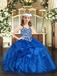 Blue Sleeveless Organza Lace Up Little Girl Pageant Gowns for Party and Quinceanera