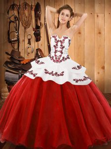 Dynamic Red Lace Up Strapless Embroidery Quinceanera Dresses Tulle Sleeveless