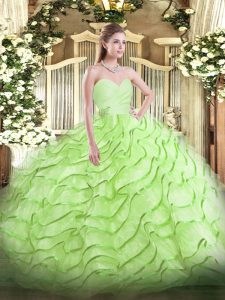 Yellow Green Sleeveless Organza Brush Train Lace Up Ball Gown Prom Dress for Military Ball and Sweet 16 and Quinceanera