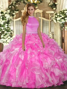 Glorious Rose Pink Backless Halter Top Beading and Ruffles Quinceanera Gowns Organza Sleeveless