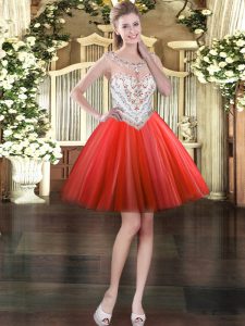 Colorful Sleeveless Tulle Mini Length Zipper Homecoming Dress in Red with Beading