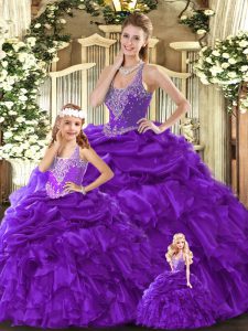 Clearance Purple Organza Lace Up Quinceanera Gown Sleeveless Floor Length Beading and Ruffles