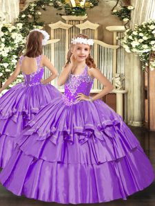 Organza V-neck Sleeveless Lace Up Beading and Ruffled Layers Little Girl Pageant Dress in Lavender