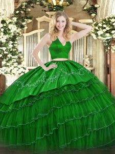 Simple Green Two Pieces Tulle Halter Top Sleeveless Embroidery Floor Length Zipper Sweet 16 Dress