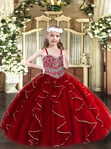 Wine Red Lace Up Straps Beading and Ruffles High School Pageant Dress Organza Sleeveless
