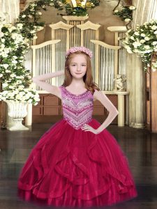Hot Pink Sleeveless Tulle Lace Up Little Girls Pageant Dress Wholesale for Party and Quinceanera