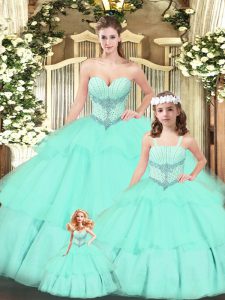 Vintage Aqua Blue Ball Gowns Beading and Ruching Sweet 16 Dress Lace Up Tulle Sleeveless Floor Length