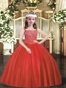 Red Sleeveless Floor Length Beading Zipper High School Pageant Dress